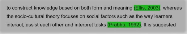 A passage of text with citations highlighted in green.