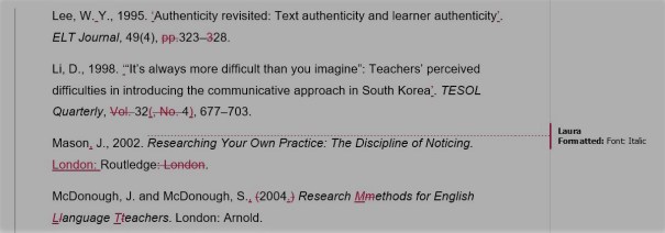 A reference list showing Track Changes